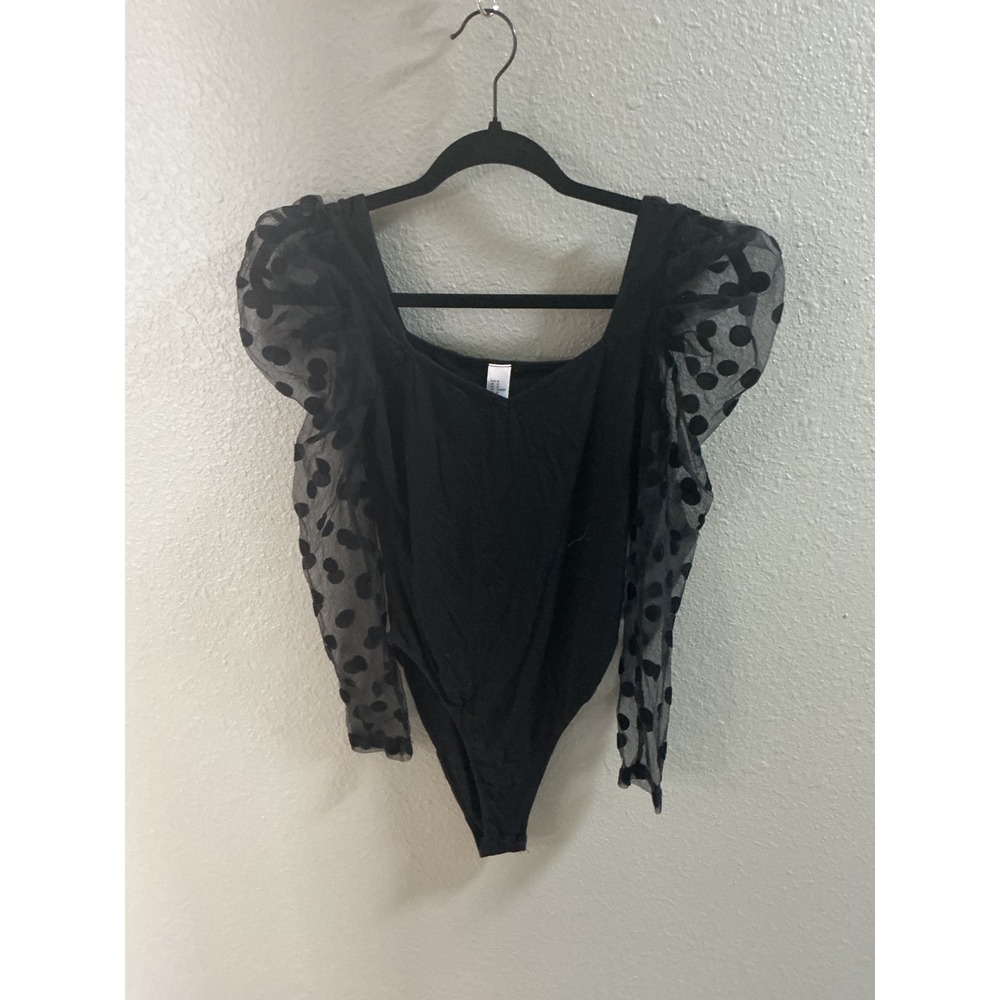 SHEIN Bodysuit Womens Medium Black Excellent Polka Dot Mesh Puff Sleeve